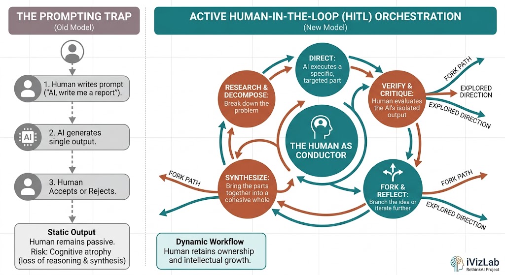 Diagram comparing passive prompting vs. HITL orchestration workflow